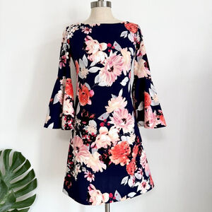 Eliza J Navy Blue Floral Bell Sleeve Mini Dress Size 2 Fit & Flare Party